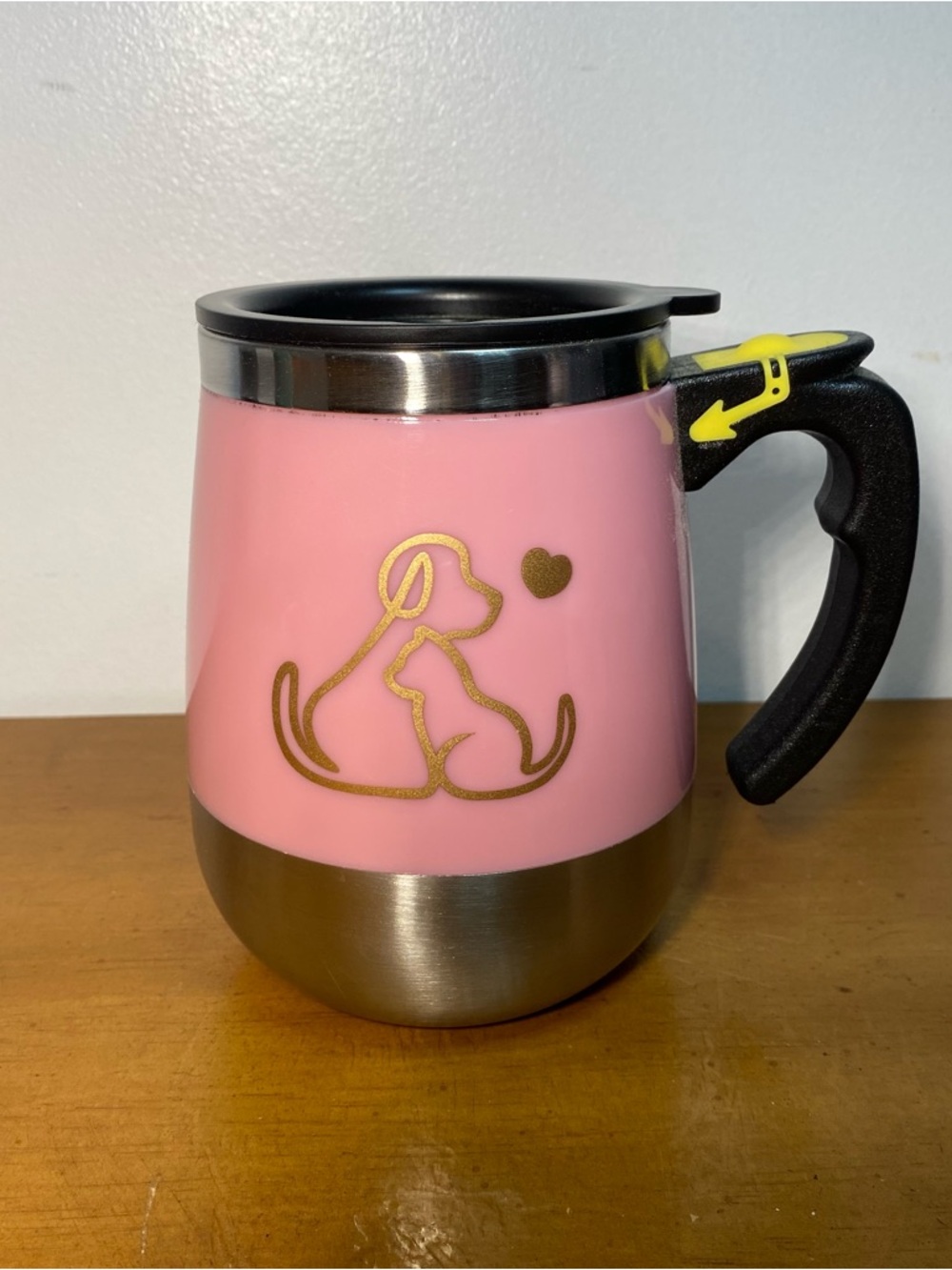 Self Stirring Mug Magnetic Rechargeable Stainless Insulated Pink Vet Dog Cat